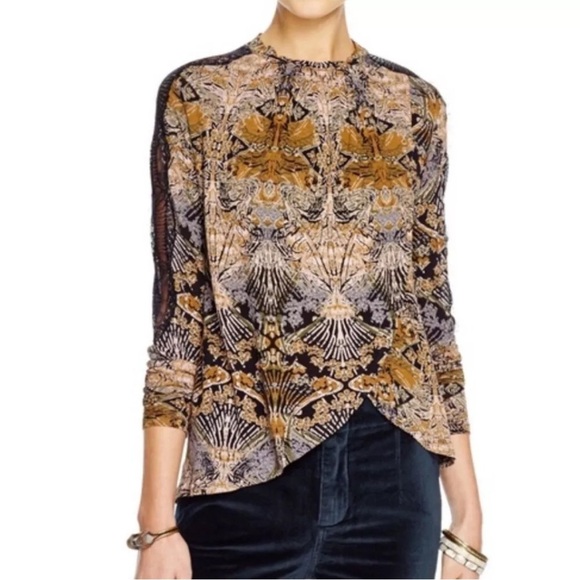 Free People Coal Combo Nouveau Drape Abstract Lace Sleeve Top Sz M *F10 - Picture 1 of 5